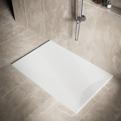 SIRHONA Receveur de Douche, 120 x 80 cm Bac à Douche Antidérapant, Rectangle Blanc, Matériau en Résine SMC, avec siphon