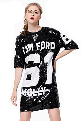 P&R Sparkle Glitter Sequins Hip Hop Jazz Dancing T-Shirt Dress Plus Size Clubwear,Black