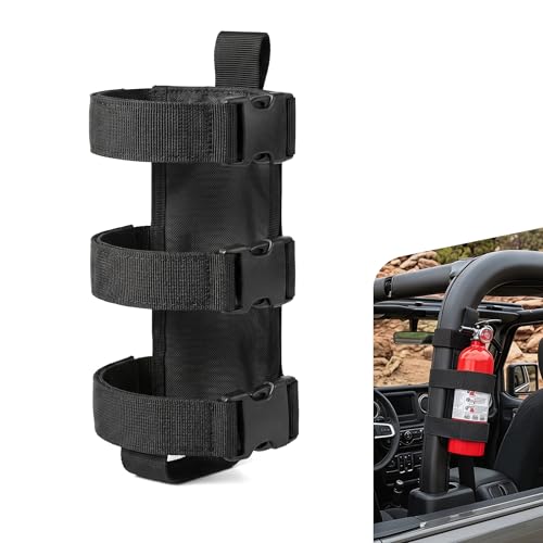 Bouzuny Car Roll Bar Fire Extinguisher Mount Holder, Adjustable Fire Extinguisher Mount Strap, Car Accessories Fixed Belt Compatible with Wrangler CJ YJ LJ TJ JK JKU JL JLU 4XE (Black)