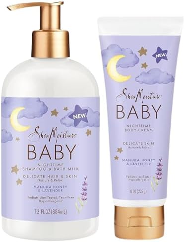 Shea Moisture Baby Care Set – Relaxing Nighttime Shampoo & Bath Milk + Nighttime Body Cream for Delicate Skin, Manuka Honey & Lavender (2 Piece Set)