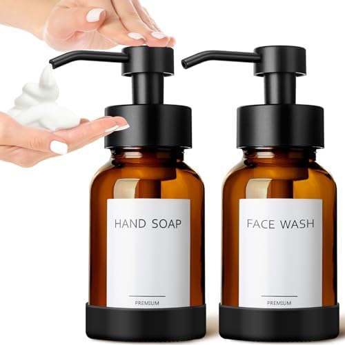 GMISUN Amber Foaming Soap Dispenser, 8.5 Fl oz Amber Glass Foam Hand Soap Dispenser for Bathroom & Kitchen, 2 Pcs Modern Refillable Foaming Soap Dispensers, Foam Pump Bottle with Label & Silicone Boot