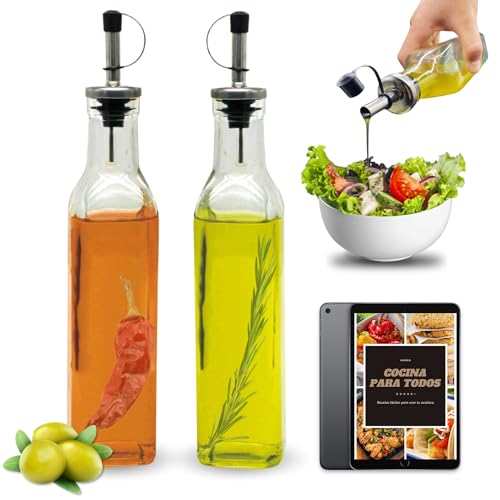 CAVECA Pack Aceitera y Vinagrera Antigoteo de Cristal 500ml Fabricado en España + REGALO, Dispensador de Aceite y Vinagre de Mesa con Vertidor, Botellas de Vidrio para Aceite de Oliva, Soja, Otros…