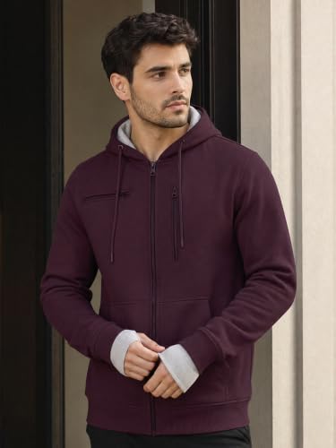 Image of NOBERO Travel Hoodies for Men|Cotton Fleece Solid Hooded Full Sleeve Sweatshirt|15 Utility Features,Tab & Drinks & earphones Holder,Charger & Sunglass Pocket, Microfiber Cloth,In-Built Gloves,Eye Mask
