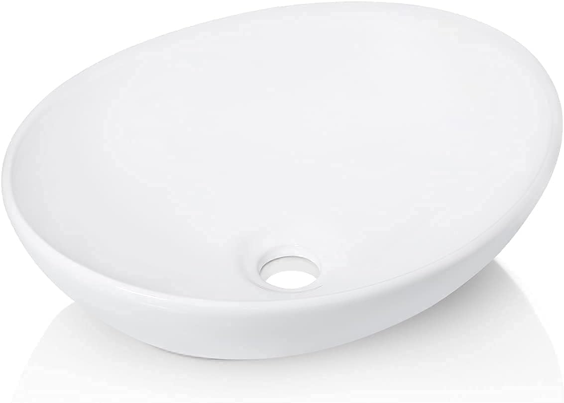 KES Bathroom Sink with Pop Up Drain Stopper 16" x 13" Vessel Sink Oval White Ceramic Vessel Sink and Detachable Hair Catcher Pop Up Drain Stopper without Overflow Brushed Nickel, BVS124+S2018D-BK