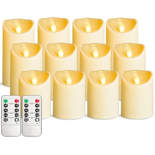 Image of LEOSAN led Flameless Candles Outdoor Indoor Battery Operated Flickering Candles with Remote Timers, Won't Melt, Ivory Plastic D3 xH4 5 inch 6 inch for Halloween, Party, Valentine's Day, Wedding (12 pcs)