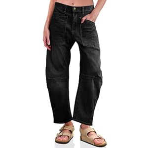 PLNOTME Womens Baggy Barrel Horseshoe Jeans High Waisted Wide Leg Vintage Denim Pants with Front Pockets