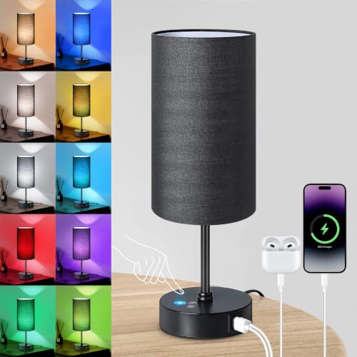 Unicozin Table Lamp with 3 CCT (3000K/4500K/6500K), Stepless Dimmable Bedside Lamp with 7 Color Changing, Modern Nightstand Light with Black Shade for Bedroom, Kids Room, Home, Office