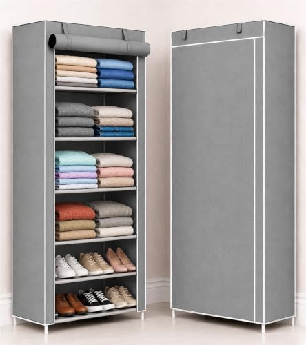 Image of Collapsible Fabric Wardrobe with 6 Shelves, Navy Blue, Metal, Rectangular, Lightweight, Modern, Foldable Clothes Storage Organizer (Grey)