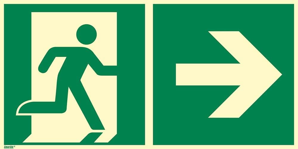 Notausgang Schild rechts 600 x 300 mm – Hart-PVC 2 mm, glänzend, langnachleuchtend 55/8 mcd DIN 67510 Leuchtklasse B gemäß ASR A1.3 / ISO 7010 E002 – Rettungszeichen Sicherheitszeichen