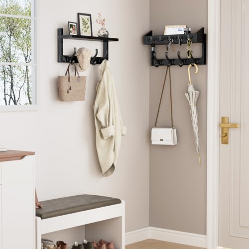 Image of Evermagin 35 inch Coat Rack Wall Mount with Shelf, 4 in 1 Wall Mounted Coat and Key Hanger with 13 Hooks, Entryway Key Holder with Mail Holder for Living Room, Bedroom, Black