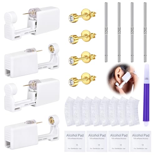 DJCIW 21PCS Gold Ear Piercing Kit,Disposable Ear Piercing Gun Kit with 4 Pcs Self Piercing Gun and Bult-in in Stainless Steel Ear Stud 3mm,S925 Ear Sticks and Waterproof Ear Cover For Ear Piercing