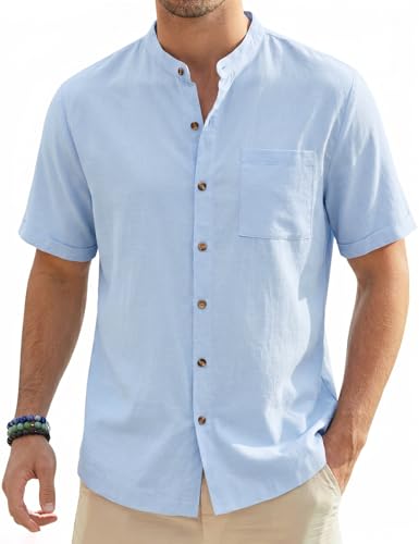 Image of Xnova Mens Cotton Linen Shirt, Short Sleeve Grandad Collar Henley Shirts for Men UK, Casual Summer Holiday Beach Button Down Shirts Regular Fit with Chest Pocket, Light Blue, XXL