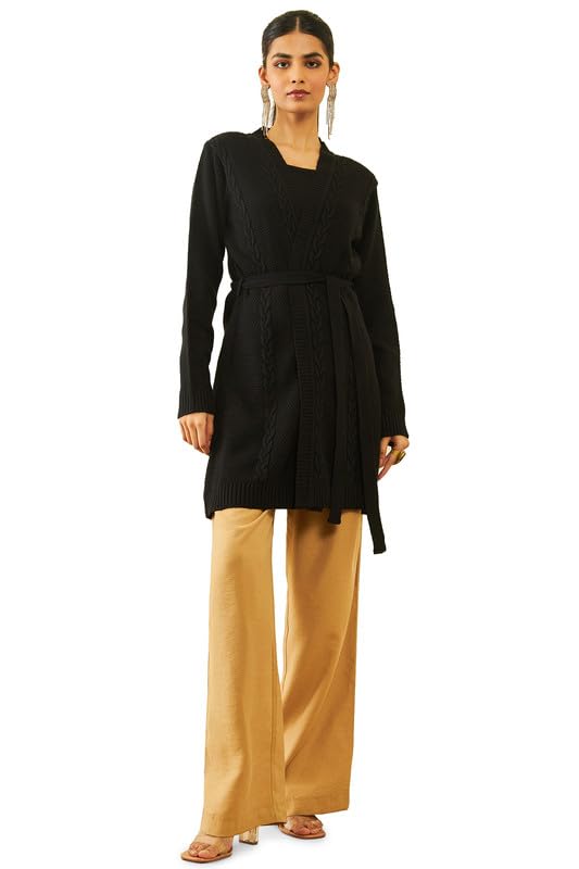 soch Womens Black Acrylic Knitted Open-Front Longline Shrug with Waist Tie-Up-picture-53
