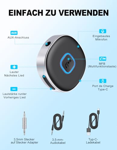 Mohard AUX Bluetooth Adapter Auto, Drahtloser KFZ Bluetooth 5.3 Empfänger für Heim-Stereo/Kabelgebundene Kopfhörer, Bleutooth Adapter AUX 3,5mm, Auto Equalizer, Dual Verbindung, 16 Stunden Spielzeit