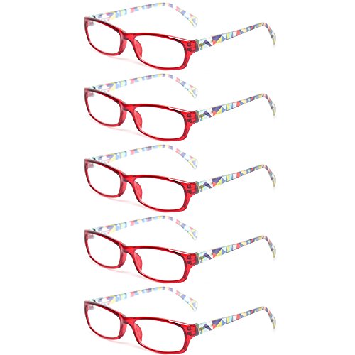 Kerecsen 5 Pairs Fashion Ladies Reading Glasses Spring Hinge Pattern Design Readers, 5 Pack Red, Medium