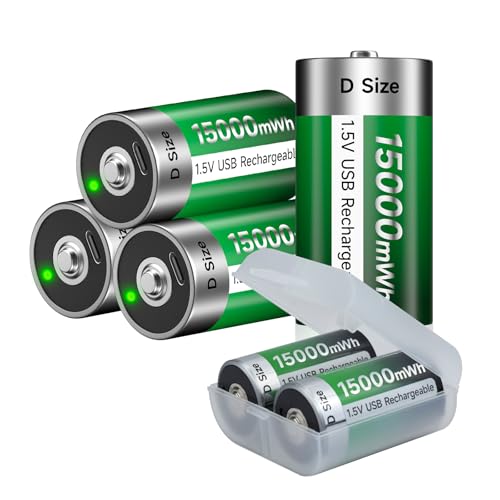 6 Piezas Batería USB D Recargable Litio/15000mWh   1,5V Pilas D Baterías Recargables Carga Rápida en 3 Horas con Cable de Carga Tipo C, Protección contra Sobrecarga