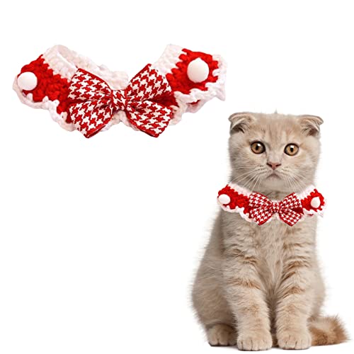 HACRAHO Collier tricoté à la main pour animal domestique, 1 collier en laine tricoté à la main avec nœud papillon à carreaux pour décoration de fête pour chat et chiot, rouge et blanc Cover