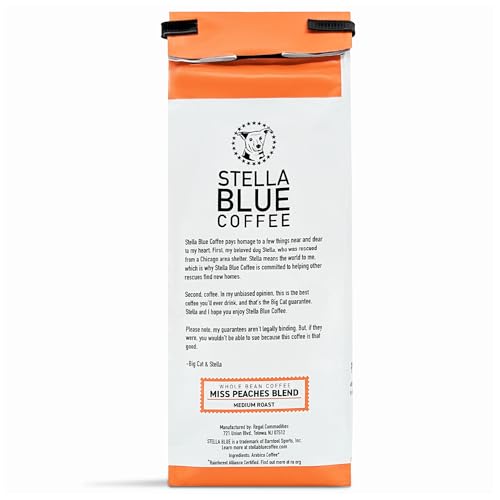 Stella Blue Whole Bean Coffee, Miss Peaches Blend, Medium Roast Citrus Caramel, Fruity Notes 100% Arabica Beans, Ethically Sourced from Central and South America, Smooth Balanced, 12oz Bag