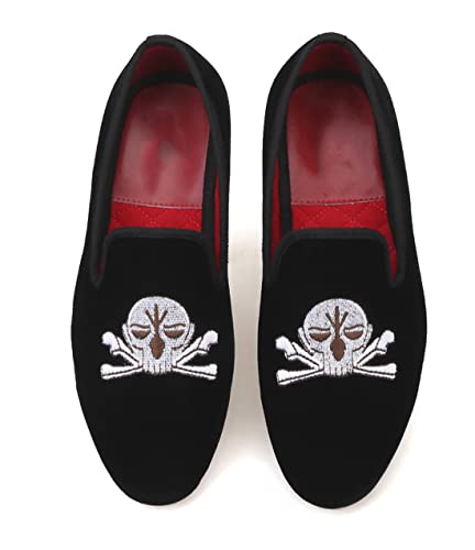 Santimon Mens Loafers Slip On Wedding Dress Velvet Penny Loafers Fashion Tuxedo Casual Business Luxury Suede Embroidery with Skulls Shoes Prom Smoking Party Disco Moccasins for Men4