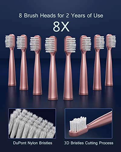 AJELU Sonic Electric Toothbrush for Adults, USB Rechargeable Sonic Toothbrush with 8 Brush Heads, Smart Timer, 5 Modes, 2-Hour Fast Charge Last 30 Days, Pink