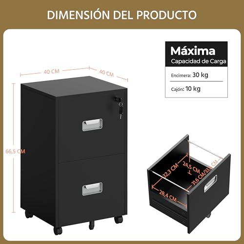 Miniatura 3 de Yaheetech Cajonera Escritorio Con Ruedas Cajonera De Oficina 2 Cajones Cerradura Archivador Extraíble Móvil De Oficina Para Carpetas A4 40 X 40 X 65 Cm Negro