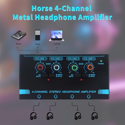 image for Horse Headphone Amp Amplifier, 4-Channel Metal Stereo Audio Amplifier,