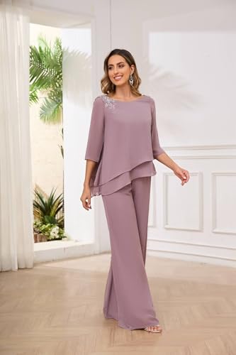 Women's 2PC Mother of The Bride Pants Suits for Wedding Lace Appliqued Chiffon Formal Outfit4