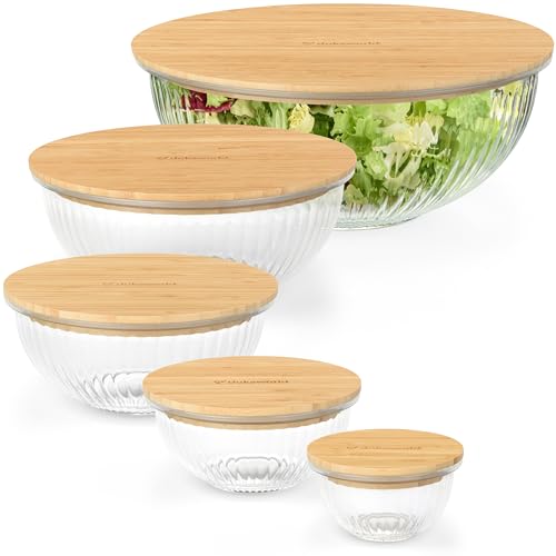 dokaworld Stackable Space-Saving Set of 5 Nesting Glass Bowls with Bamboo Lids for Foodprep, Storage, Baking, Mixing & Cooking, Microwave & Oven Safe BPA Free Heat Resistant Inert Borosilicate Glass