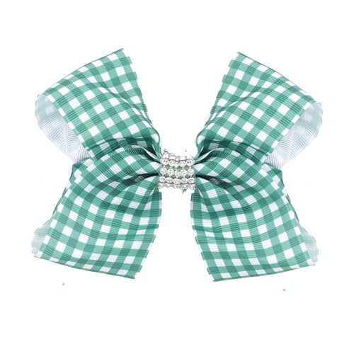 5.5 Inch Checkered Bow Hair Clip with Rhinestone Center (Green)