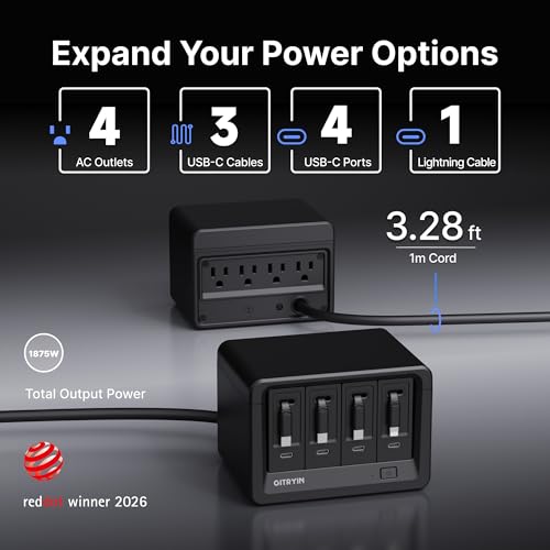 Image of Gitryin 12-in-1 Desktop Charging Station with 3 Retractable Type-C Chargers and 1 Lightning Charger, 40W USB-C Power Strip with Flat Plug, Extension Cord with 1020J Surge Protection for Home Office