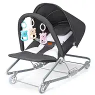 HKAI Baby Bouncer with Canopy, 2-Mode Rocking & Rolling Infant Bouncer Seat, Portable Baby Chair for 0–18 Months (Grey)