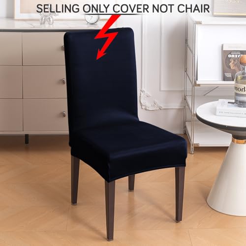 Image of HOKIPO 'SereneSolids' 140 GSM Stretchable Dining Chair Cover - Set of 4, Navy Blue (AR-6246-NBL)