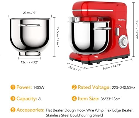 Acekool Stand Mixer, 1400W Tilt-Head Food Mixer 6L 6-Speed Kitchen Mixer with Dough Hook, Mixing Beater and Whisk Valentines Day Gifts (Red)