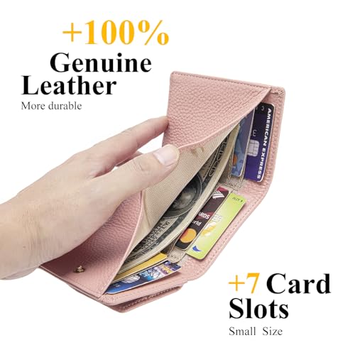 Image of Small Wallet Women Genuine Leather RFID Blocking Trifold Tiny Wallets with Snap Coin Pouch 7 Card Solts