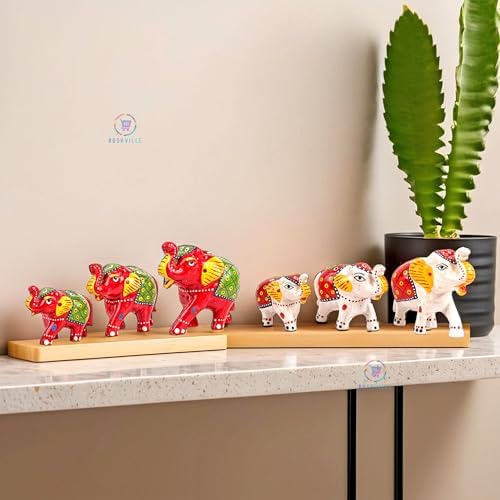 Hand-Painted Paper Mache Elephant Set - Traditional Indian Folk Art Decor for Home, Office, and Celebrations (Set of 6) - Red & White