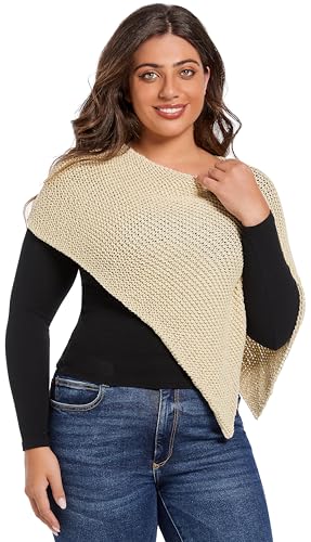 Women's Asymmetric Knit Sparkly Glitter Poncho Shawl Wrap Lightweight Pullover Sweater Cape for Casual Cozy Layering Scarf Ivory2