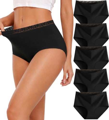 Image of UNDER THE SEA Cotton Underwear for Women High Waisted Lace Briefs Soft Breathable Womens Panties 5 Pack S-3XL