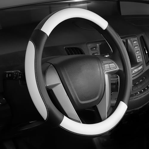 SEG Direct Car Steering Wheel Cover Small-Size for Prius Civic Model 3 Camaro Spark Rogue Mini Smart Audi with 14 inches-14 1/4 inches Outer Diameter, White Mirofiber Leather