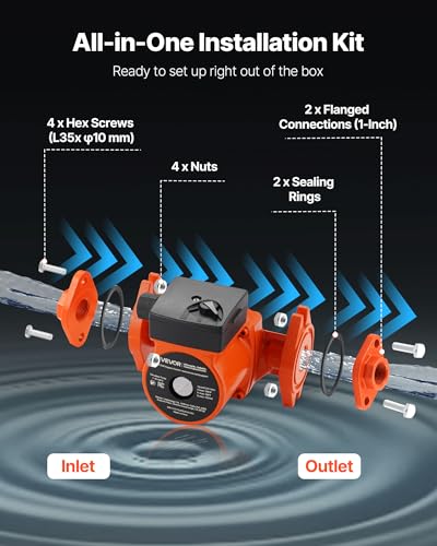 Image of VEVOR F-15-58FC Cast Iron Circulator Pump, 17 GPM, AC 120V 20 ft Hot Water Recirculating Circulation Pump, 1-Inch Flange Connection, 3-Speed Adjustment, Quiet Operation, for Home Water Heating System