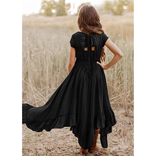 sfdgfhyf 7-12Y Girls Dresses Vintage Rockabilly Sleeve Retro Dresses Girls Party Swing Solid Irregular Dresses Short Dress (c-Black, 9-10 Years)3