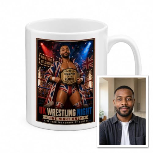 Image of HEROMADE Personalised UK Wrestling Champion Mug from Photo and Custom Text, Funny Championship Belt Coffee Cup Gift for Dad Birthday Tea Break
