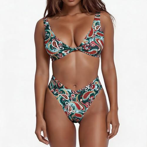 Image of geluboao Bikini Set for Women Solid V Neck Knot Front Push Up High Leg Thong Two Piece Swimsuit