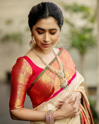 Image of Flosive Women's Kanjivaram Silk Saree With Beautiful Blouse With Zari Border