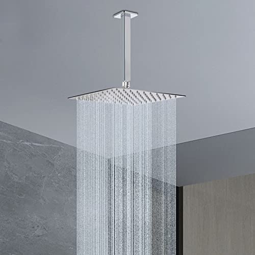 Image of Ceiling Mounted Shower Arm, Rain Shower Square Extension Arm with Flange and Teflon Tape Stainless Steel Ceiling Mount Shower Extender (8 Inch, Chrome)