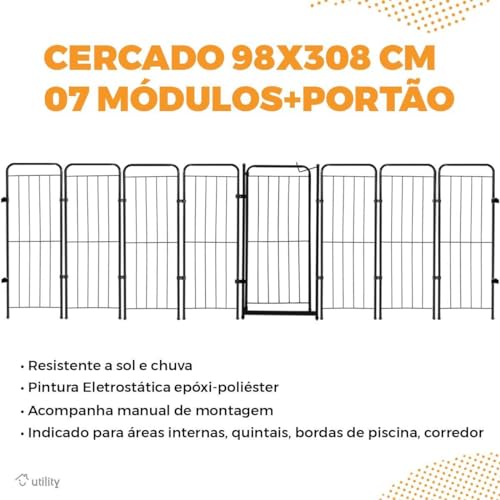 Cercado Cachorro Caes Grande Portao + 8 Modulos 344x98cm Pet Cor:Preto