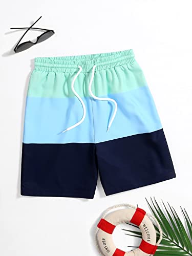 Verdusa Boy's Graphic Colorblock Swim Trunks Drawstring Waist Swimsuit Beach Shorts Green Blue 13-14Y #TOP4