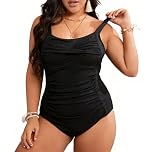 Fjquamitix Women's One Piece Plus Size Swimsuit Swimming Costume Tummy Control Ruched Modest Swimwear Paded Vintage Bathing Suit L-5XL (UK, Alpha, 3XL, Regular, Regular, Black)