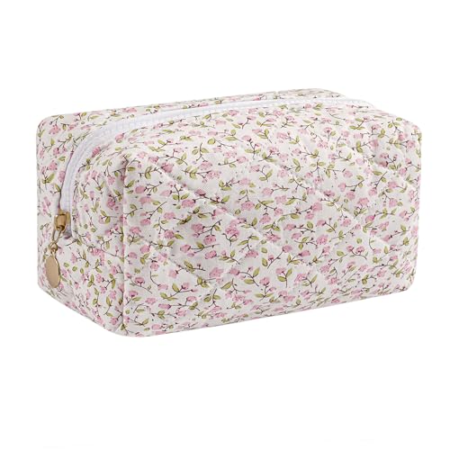 HHQQWZ Makeup Bag Travel Cosmetic Bag for Women Girls, Zipper Make Up Pouch, Floral Flowers Toiletry Organizer Makeup, Portable Storage Cosmetic Travel Cloth Bag (Pink Floral)