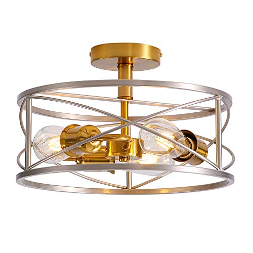Vintage Semi Flush Mount Ceiling Light,3 Lights E26 Industrial Metal Cage Ceiling Light Fixture Pendant Lights Farmhouse Close to Ceiling Lamp for Kitchen Living Room Dining Room Bedroom Hallway