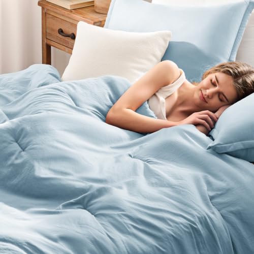 Image of Quataly California King Comforter Set Prewashed Lightweight Quilted Bedding | 3PCS Mist Blue Breathable Down Alternative Bedding Set with 1 Solid Comforter (104 inchx96 inch) and 2 Soft Pillowcases